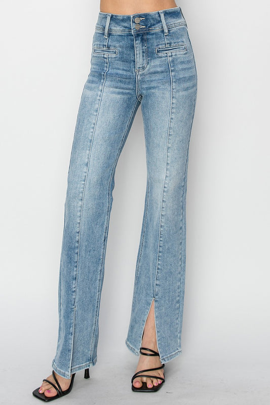 High Rise Ankle Straight Front Open Slit Jeans