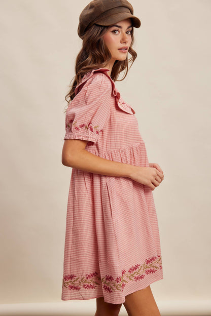 Embroidered Ruffle Collar Textured Gingham Dress