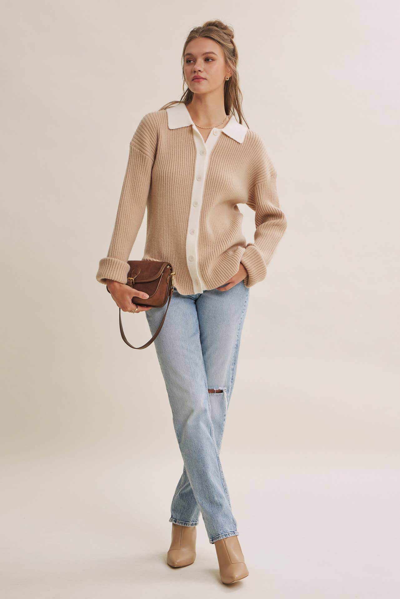 Contrast Collar Ribbed Cardigan