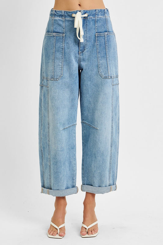 High Rise Crop Wide Barrel Cargo Pocket Pants