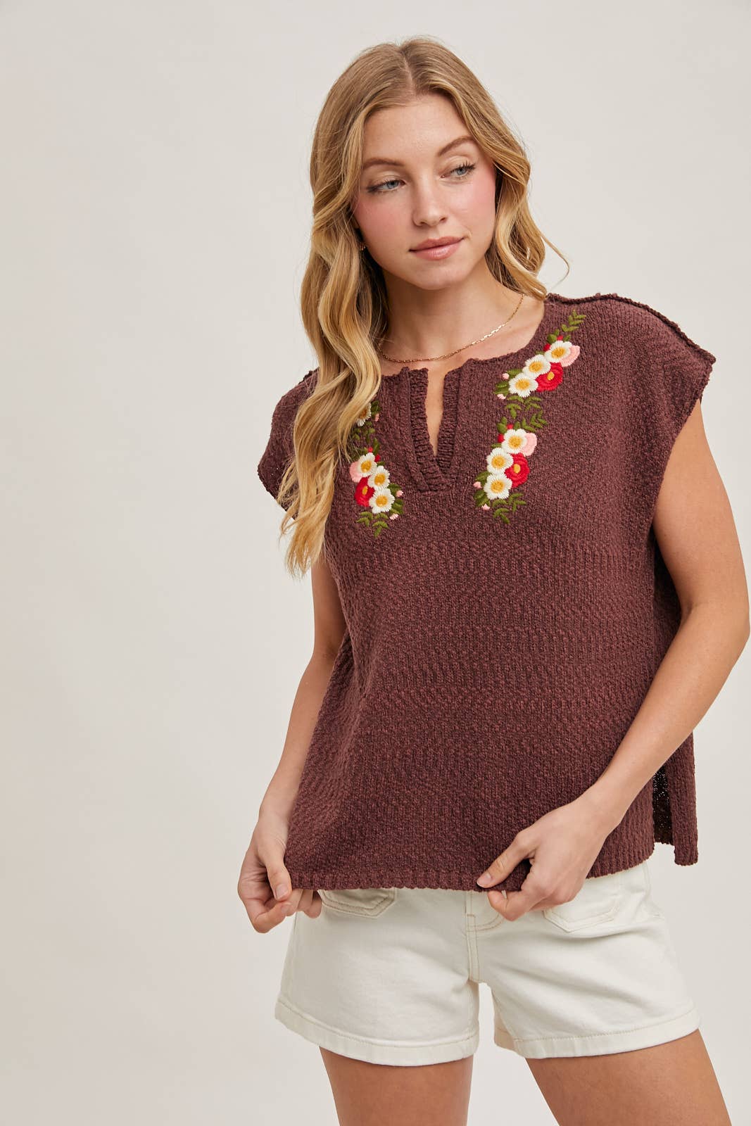 Embroidered Notch Neck Knit Top