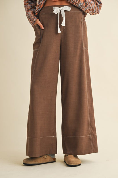 Stretch Contrast Stitch Wide Leg Cropped Pants