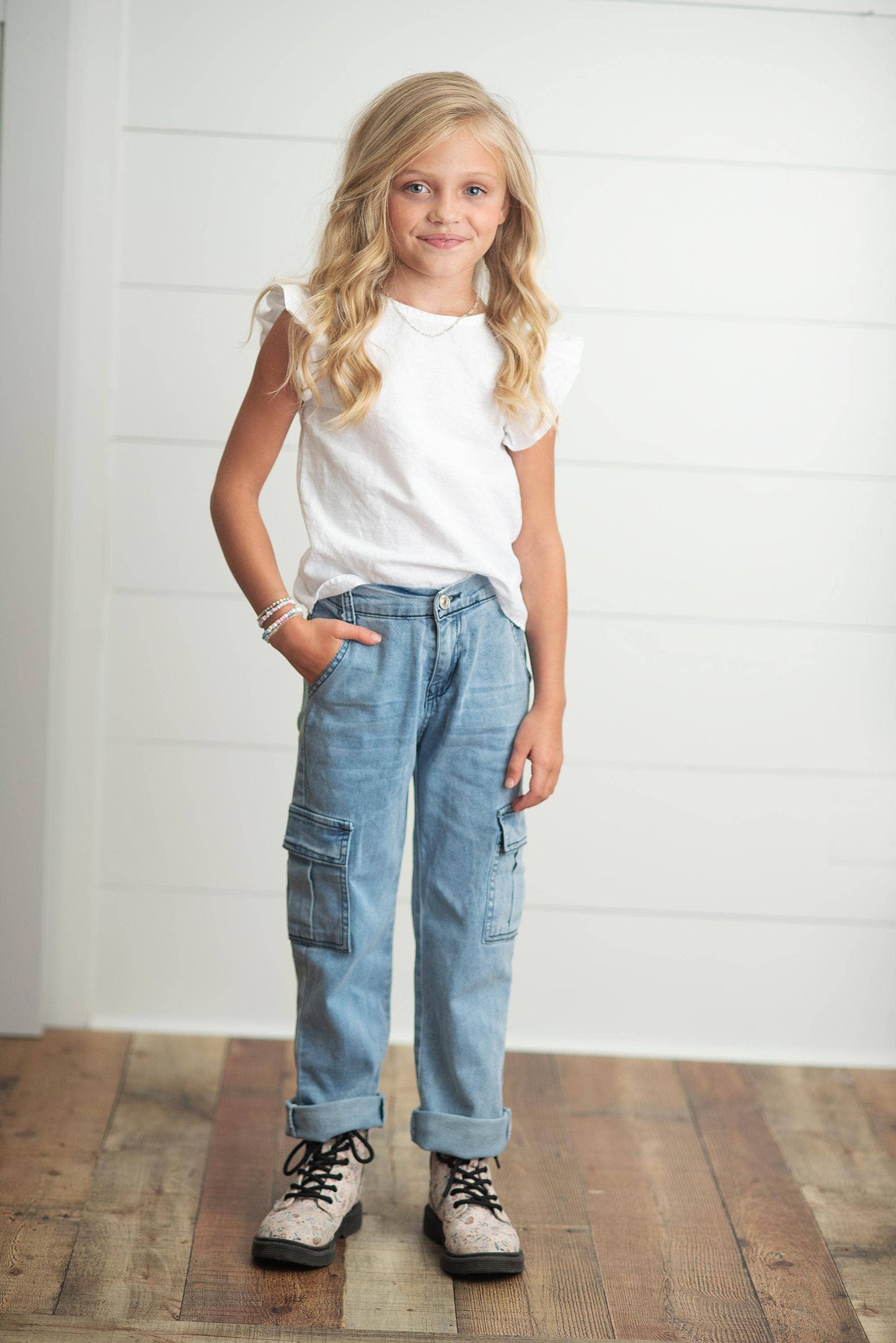 Kids Light Wash Faded Denim Cargo Pant With Pockets