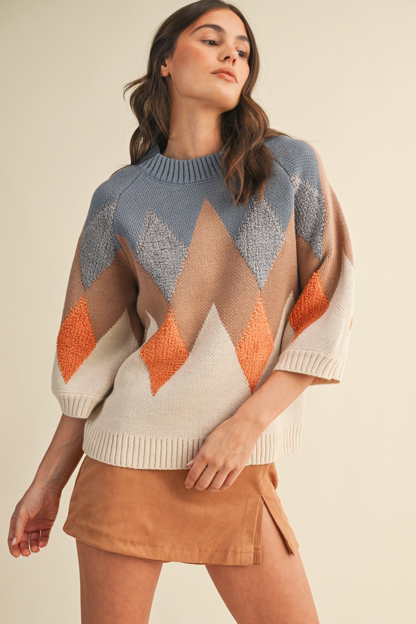 Fuzzy Textured Zig-zag Mock Neck Sweater Top