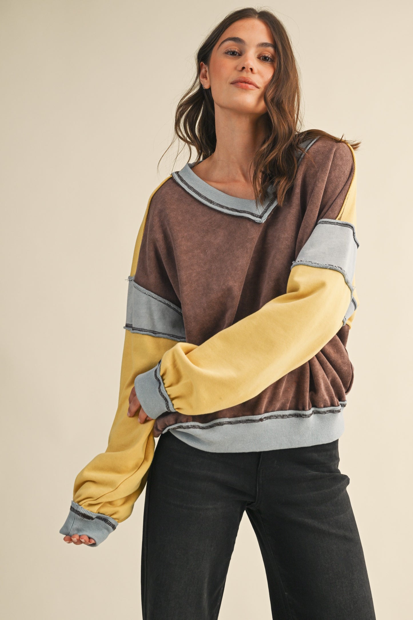Mineral Washed Color Block Sweatshirts