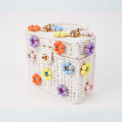 Wicker Bucket Daisy Flower Purse: White Purse + Red Daisy / Yellow Rhinestone