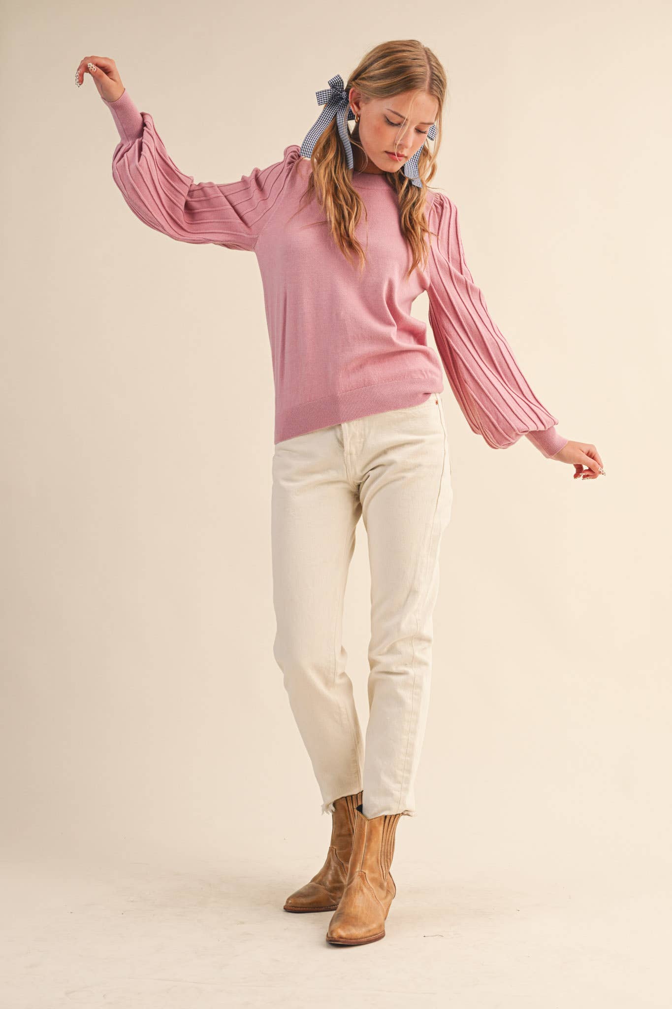 Striped Texture Puff Sleeve Sweater