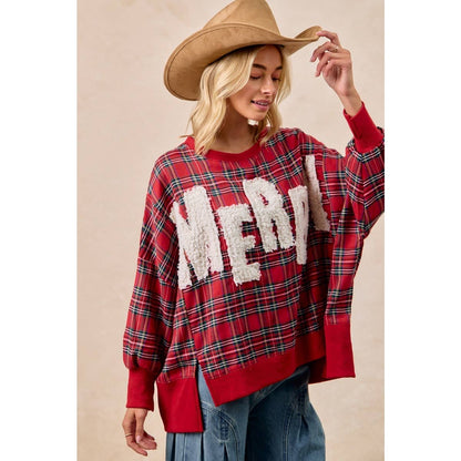 Merry Letter Patches Plaid Sweatshirt