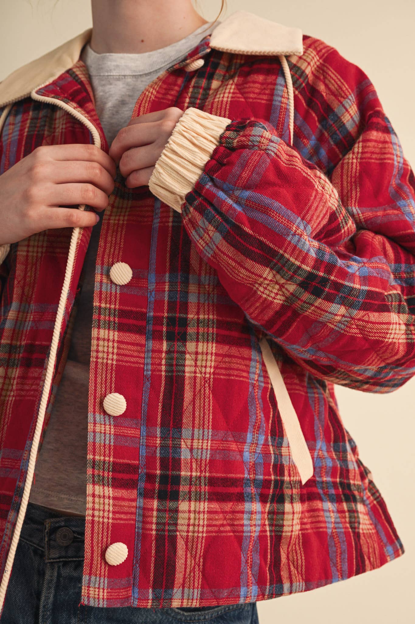 Plaid & Corduroy Contrast Quilted Jacket