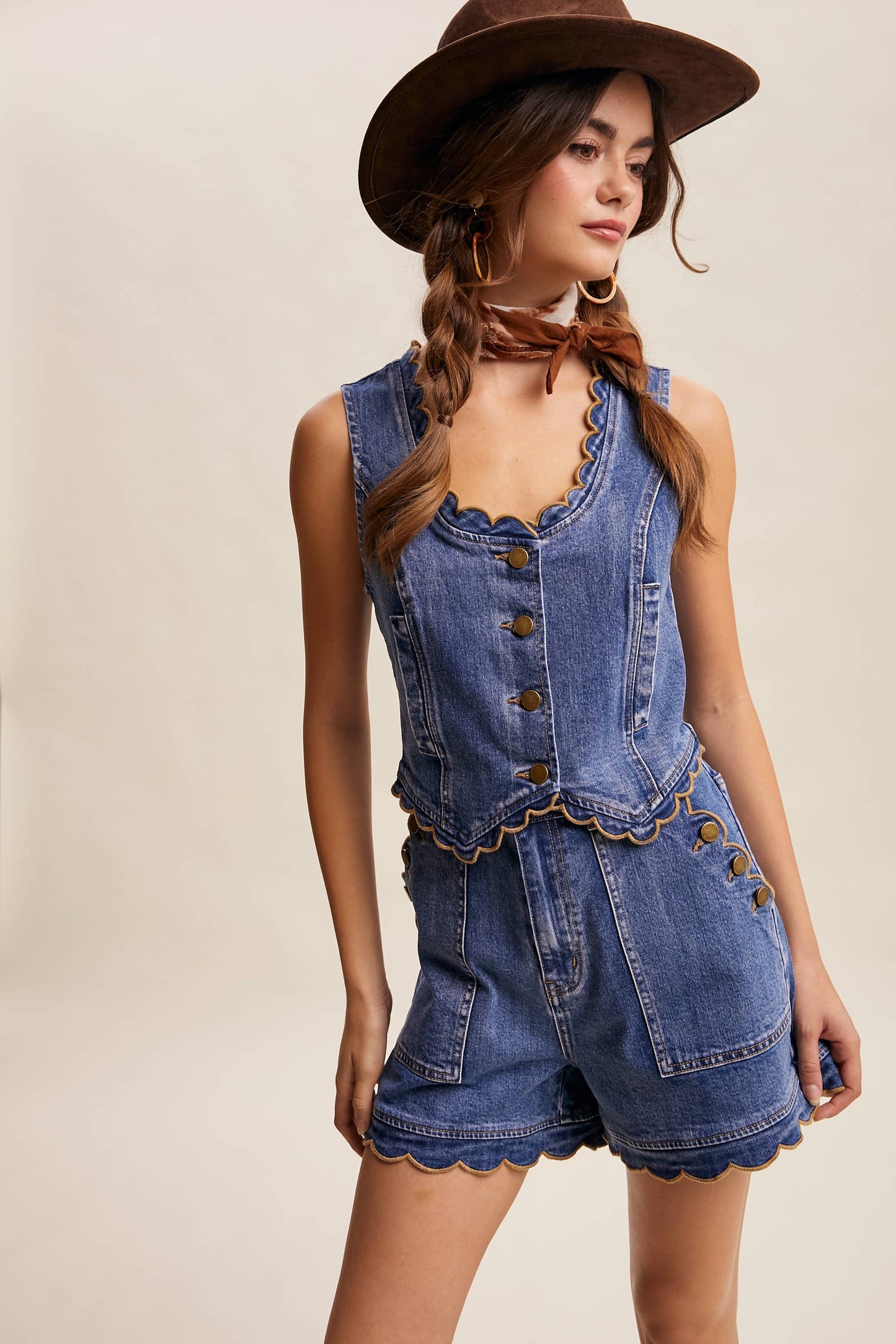 Scallop Button-Side Denim Shorts