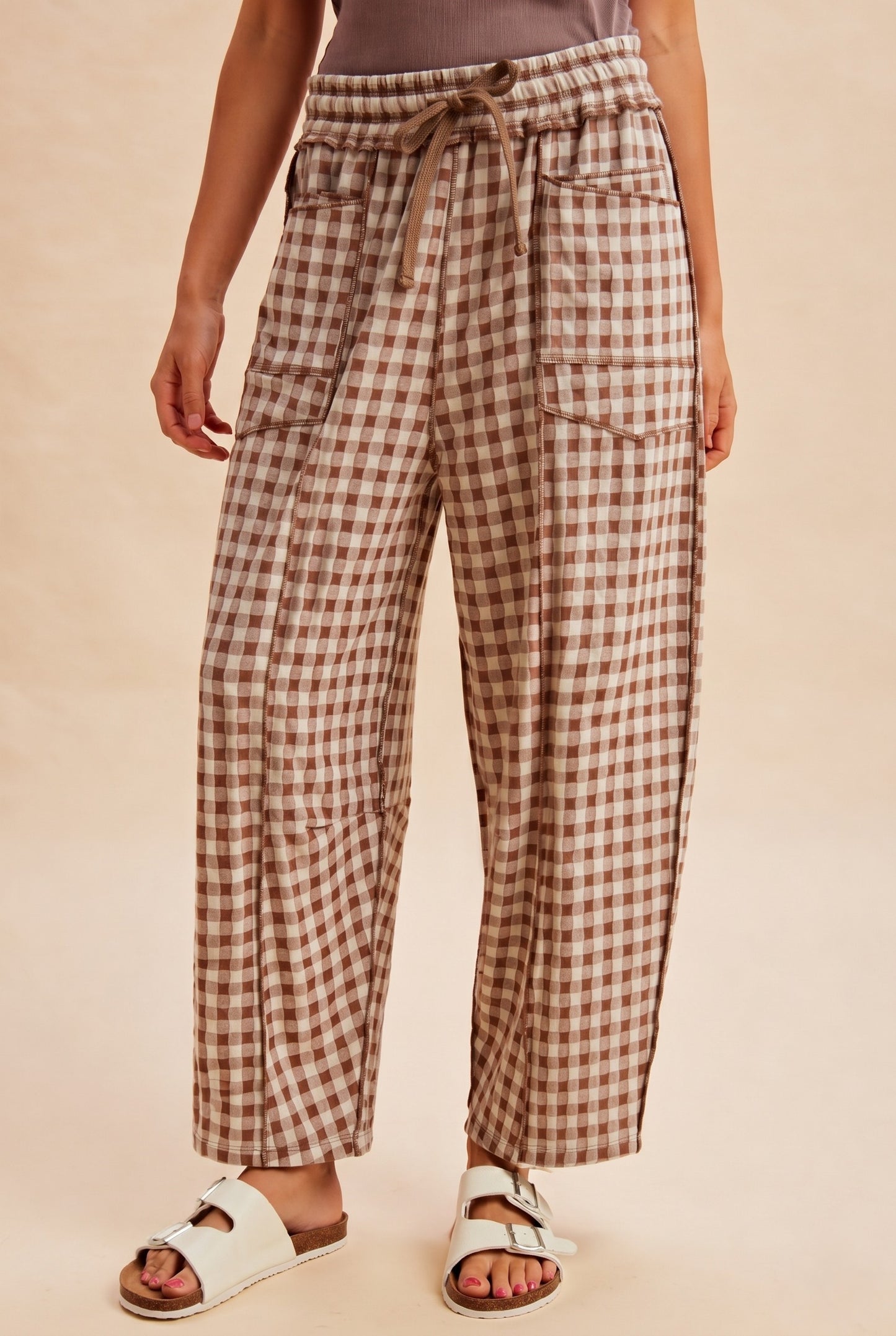 Knit Gingham Barrel Pants