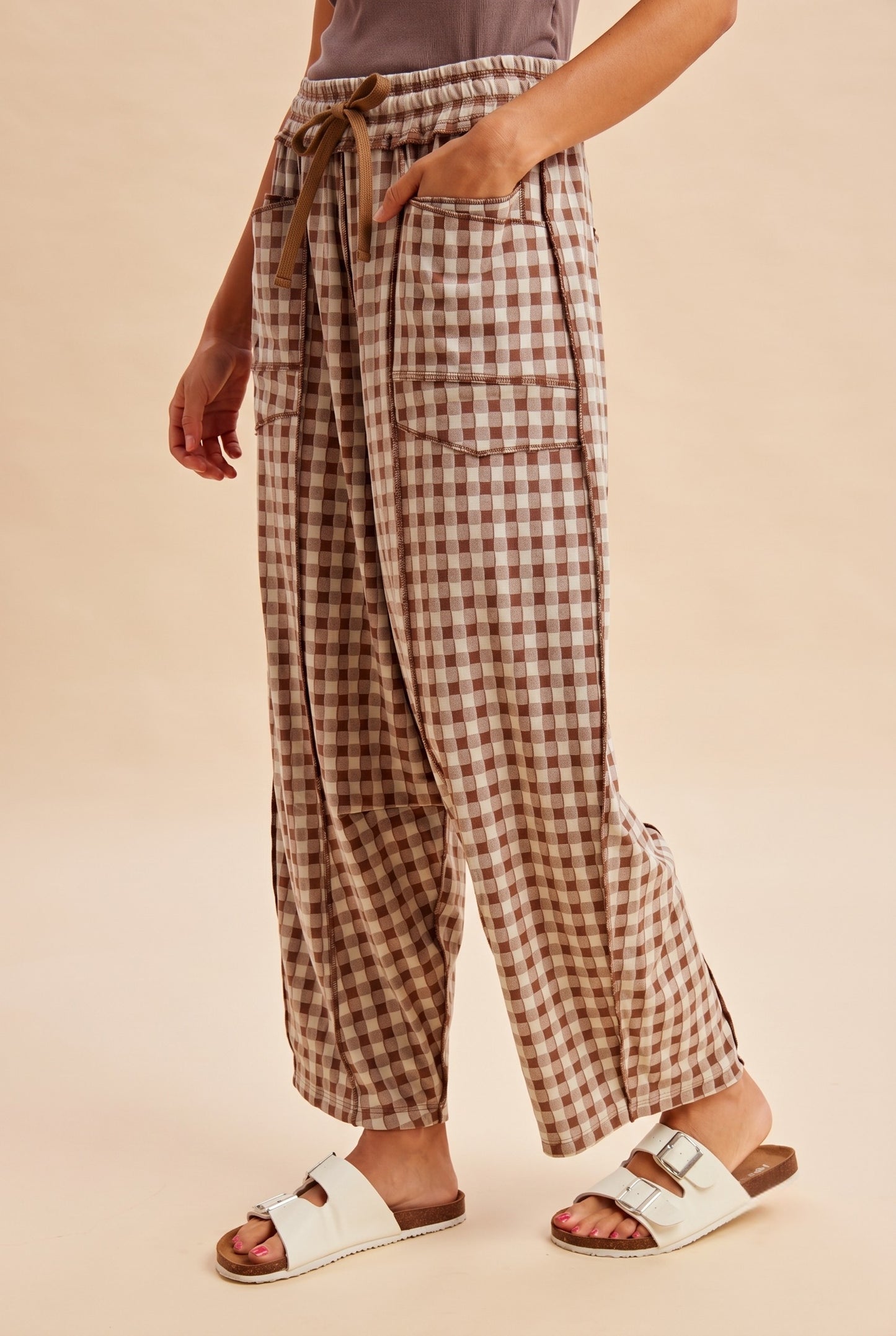 Knit Gingham Barrel Pants