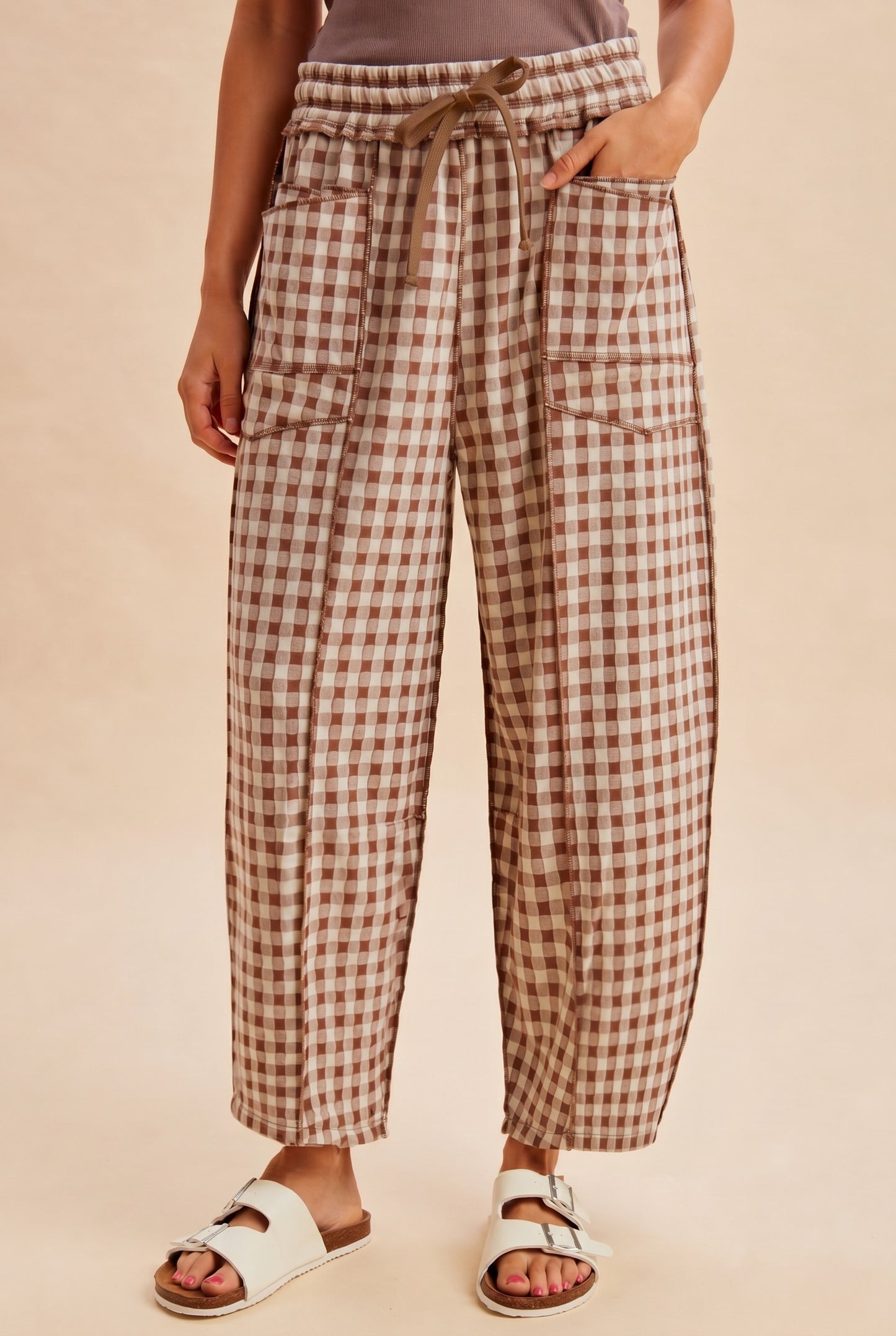 Knit Gingham Barrel Pants