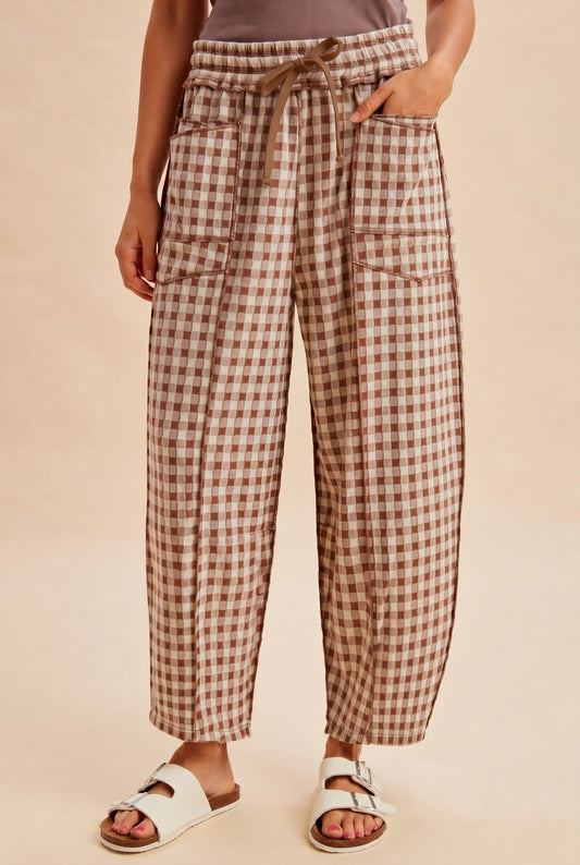 Knit Gingham Barrel Pants