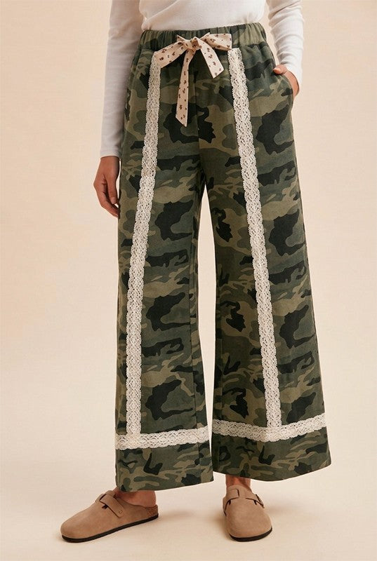 Lace Trimmed French Terry Wide-Leg Pants