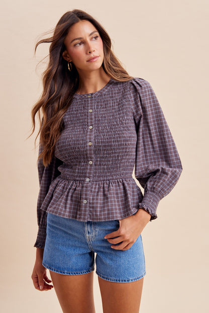 Plaid Smocked Peplum Blouse