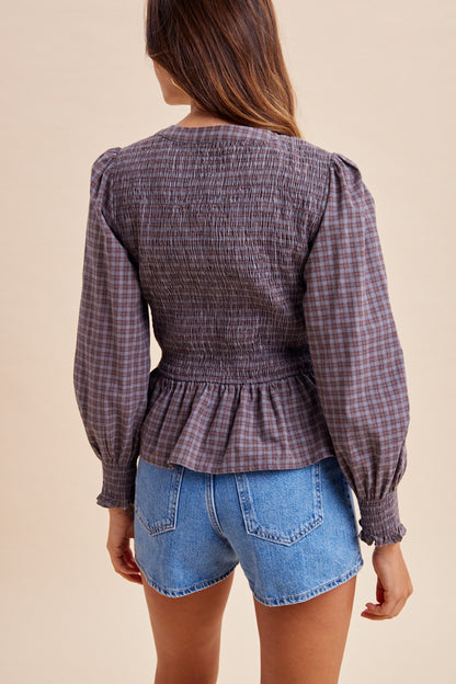 Plaid Smocked Peplum Blouse