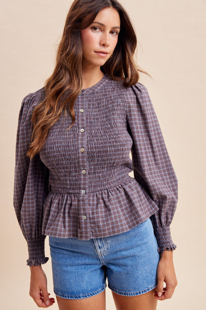 Plaid Smocked Peplum Blouse