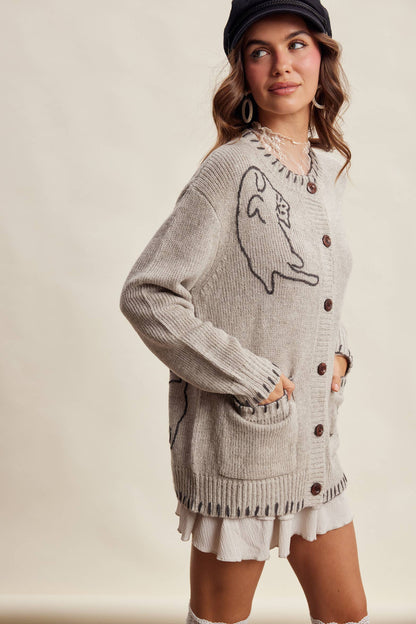 Whimsical Cat Knit Cardigan