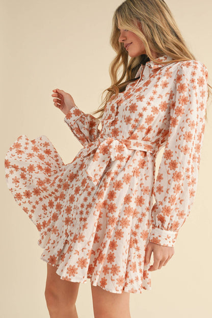 Floral Embroidery Button Down Flared Mini Dress