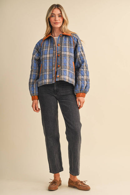 Plaid & Corduroy Contrast Quilted Jacket