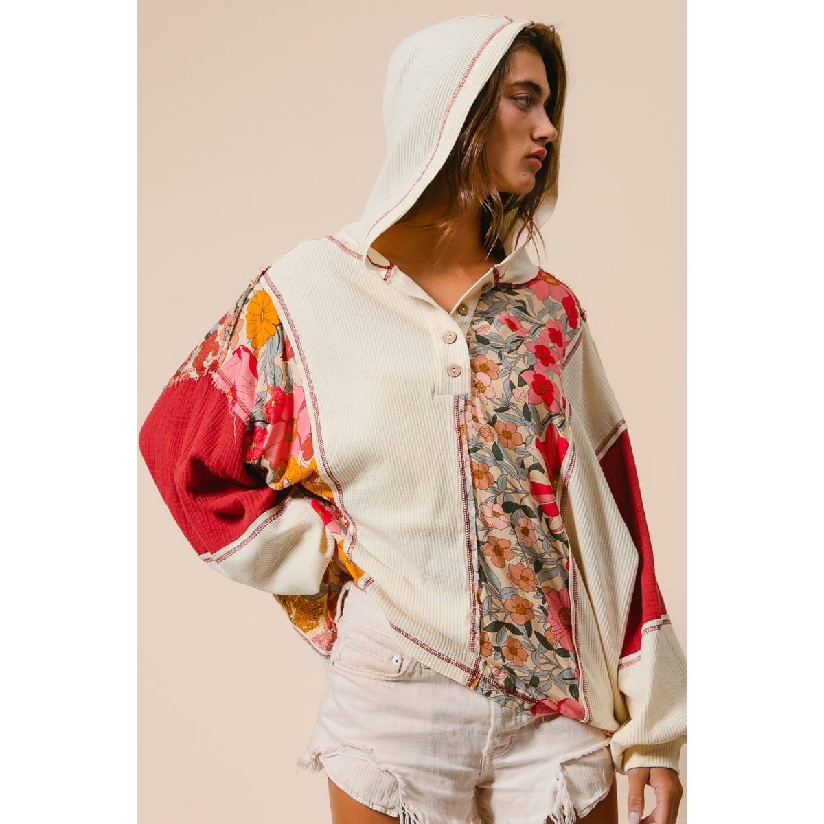 Knit and Print Mixed Hoodie