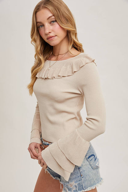 Ruffle Trim Neck and Sleeve Knit Pullover Top