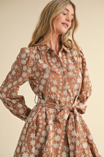 Floral Embroidery Button Down Flared Mini Dress