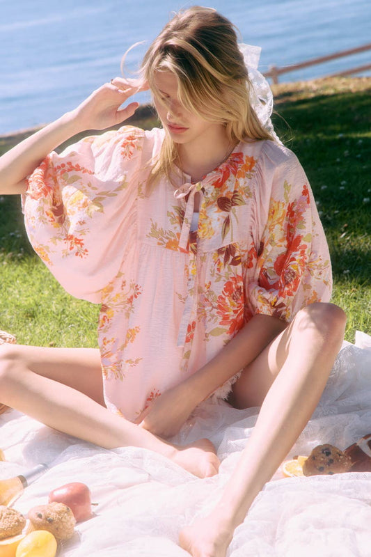 Floral Printed Batwing Sleeve Front Tie Top