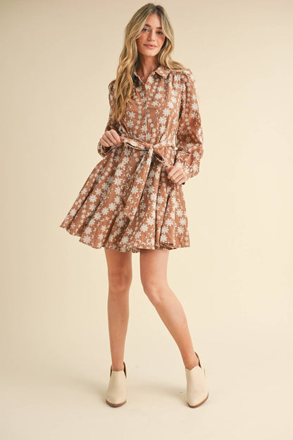 Floral Embroidery Button Down Flared Mini Dress