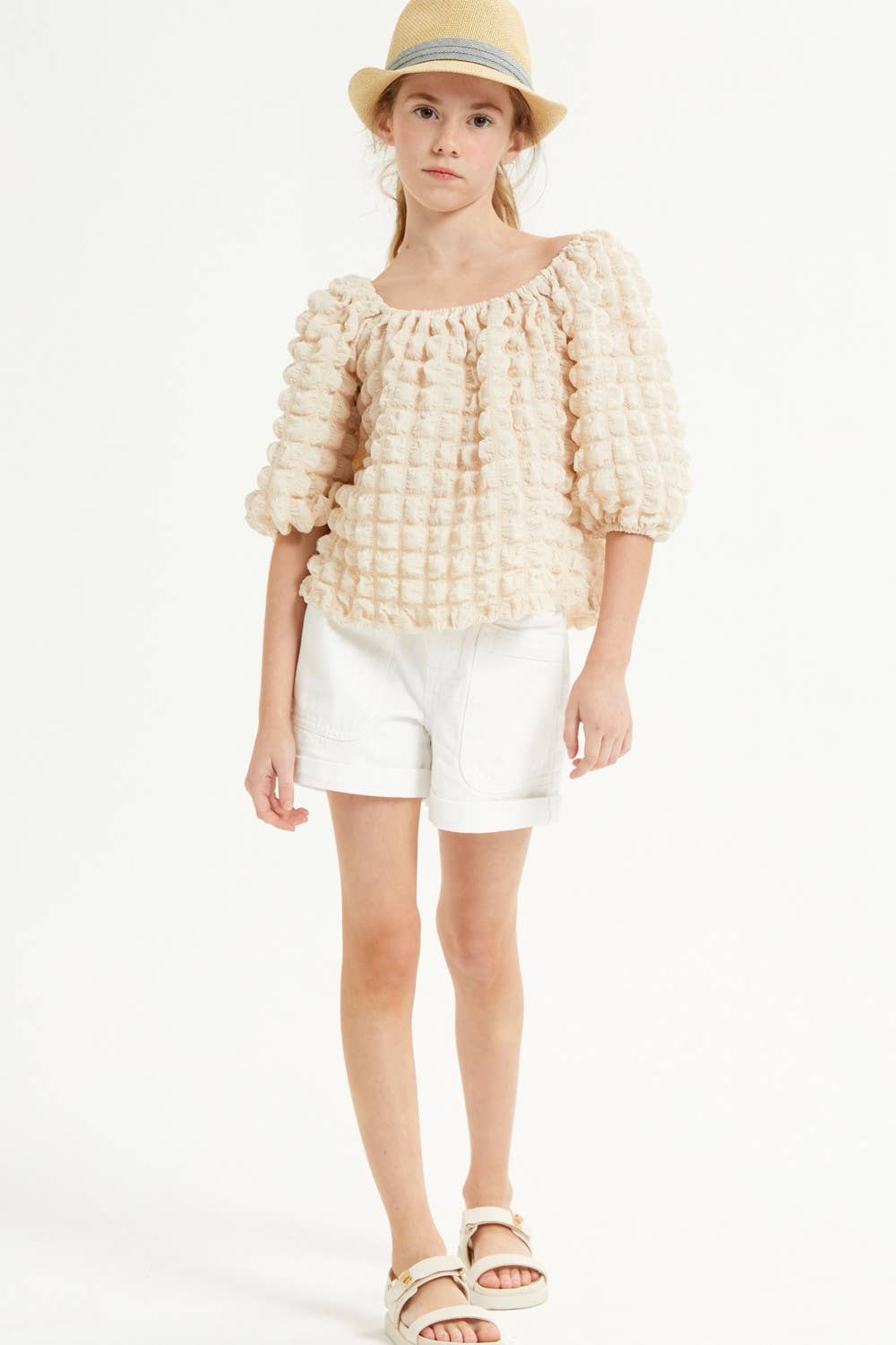 Embossed Bubble Texture Balloon Sleeve Top