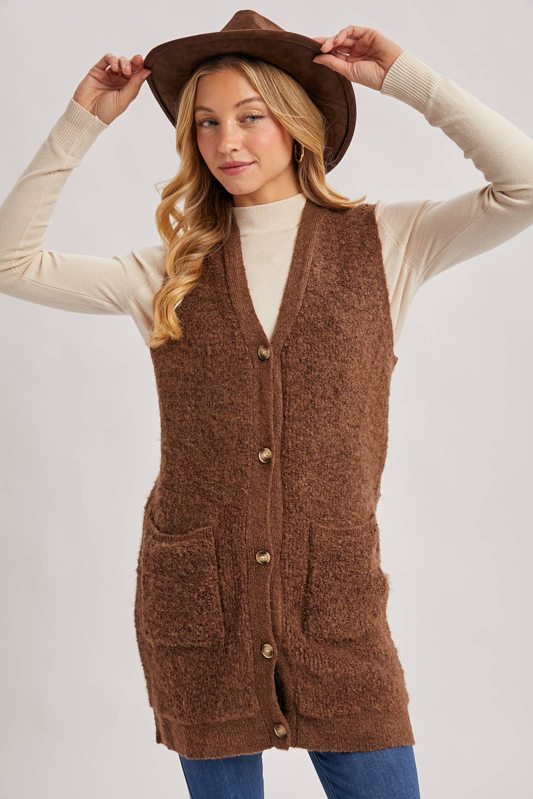 Button Down V-Neck Teddy Knit Vest