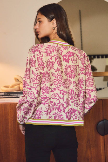 Ribbed Neck Floral Print Knit Top