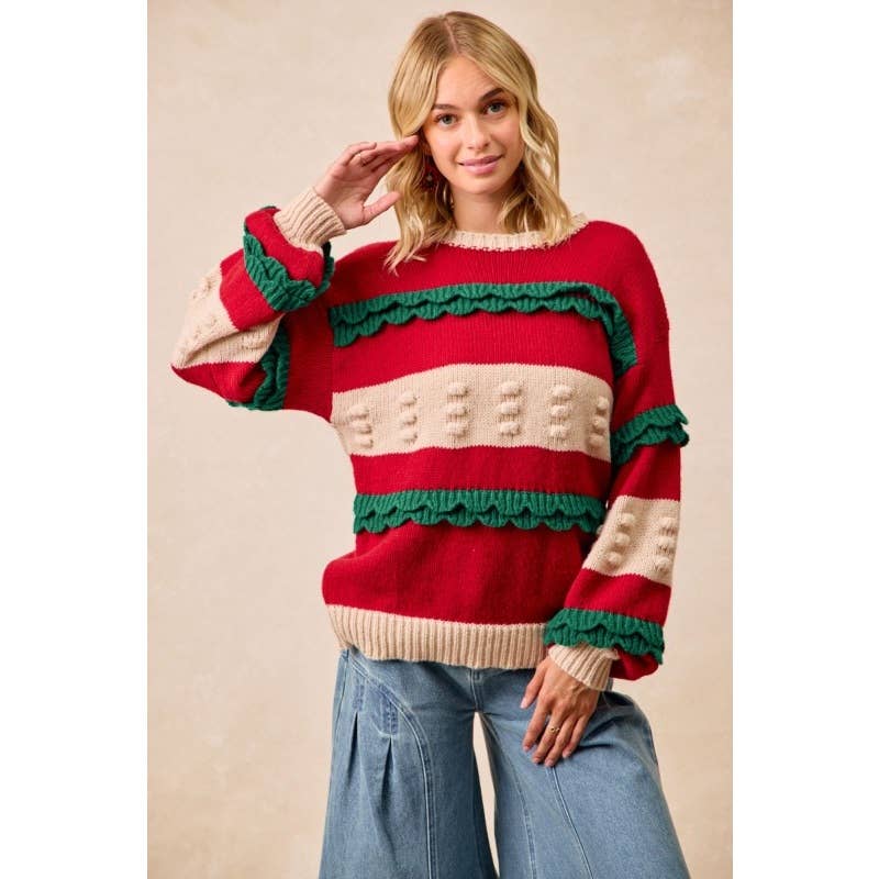Christmas Theme Ruffled Details Sweater Top