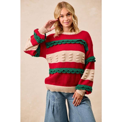 Christmas Theme Ruffled Details Sweater Top