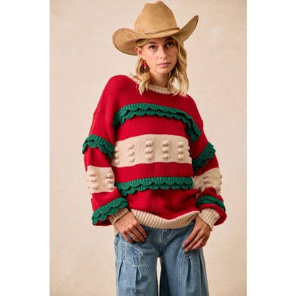 Christmas Theme Ruffled Details Sweater Top