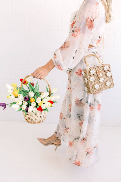 Wicker Bucket Daisy Flower Purse: White Purse + Red Daisy / Yellow Rhinestone
