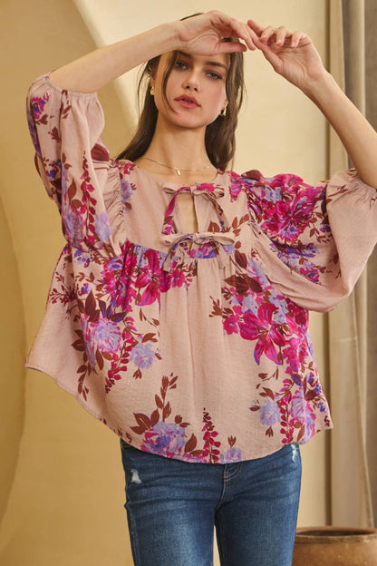 Floral Printed Batwing Sleeve Front Tie Top