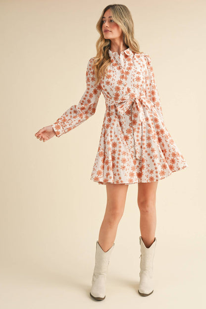 Floral Embroidery Button Down Flared Mini Dress