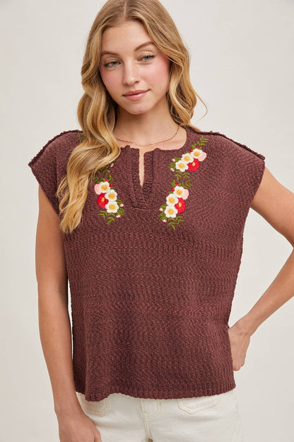Embroidered Notch Neck Knit Top