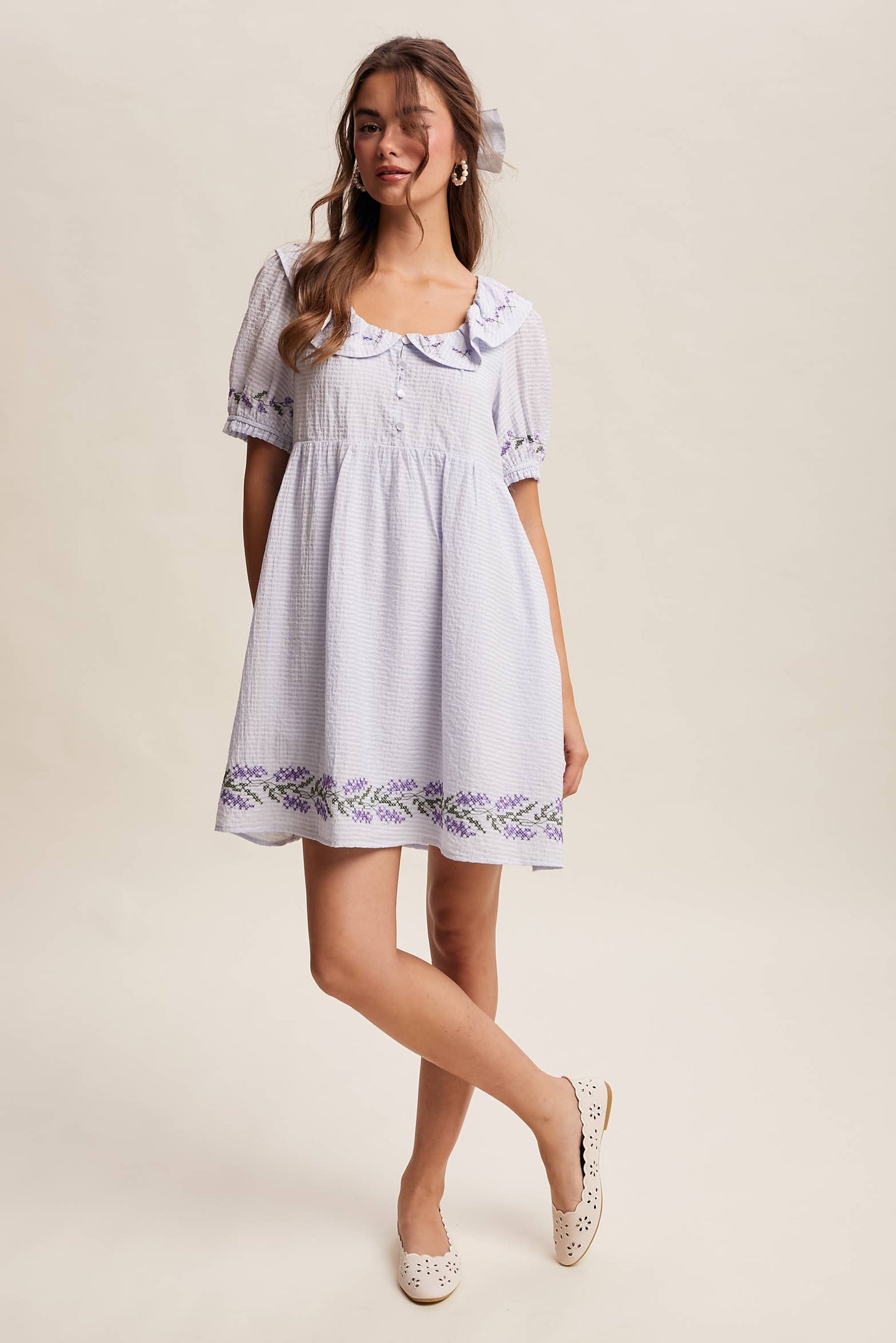 Embroidered Ruffle Collar Textured Gingham Dress