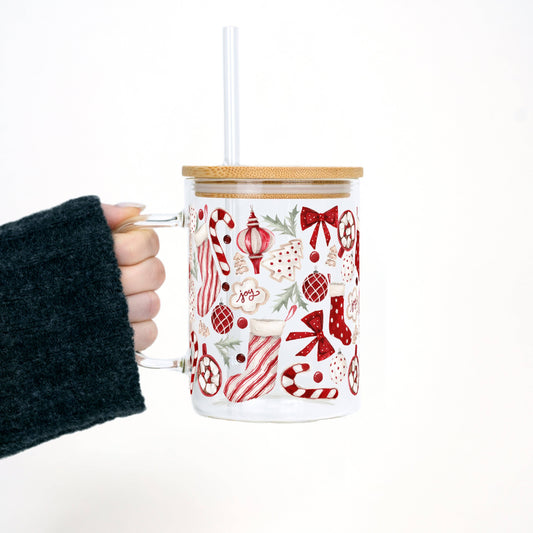 Cozy Christmas Things 17oz Glass Mug With Lid and Straw