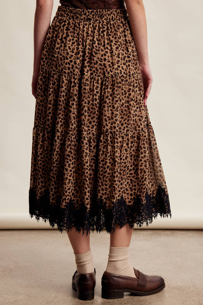 Leopard Lace Trim Tiered Maxi Skirt