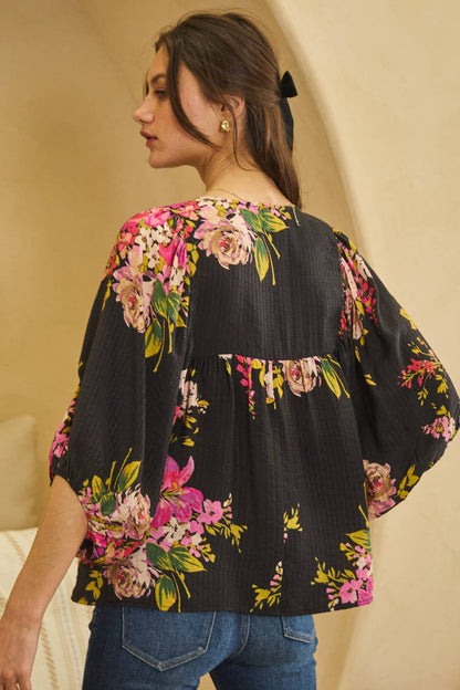 Floral Printed Batwing Sleeve Front Tie Top