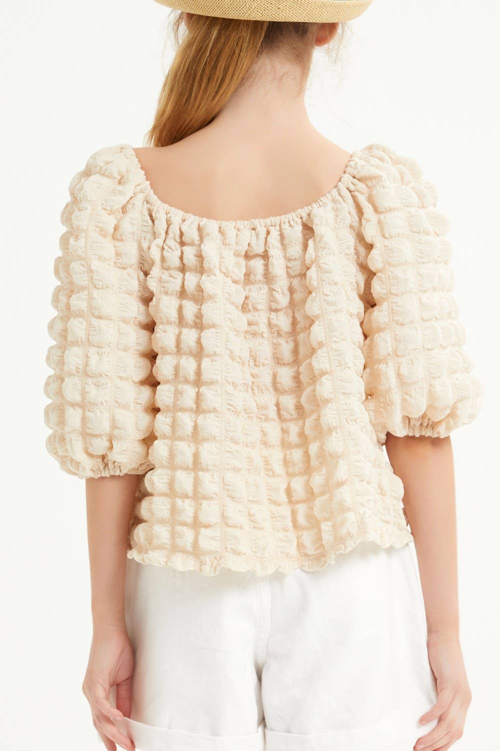 Embossed Bubble Texture Balloon Sleeve Top