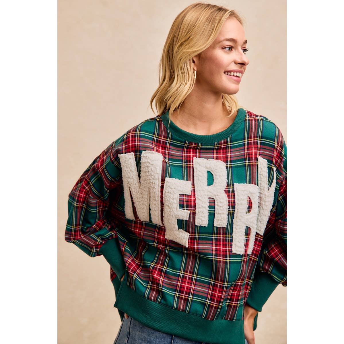 Merry Letter Patches Plaid Sweatshirt