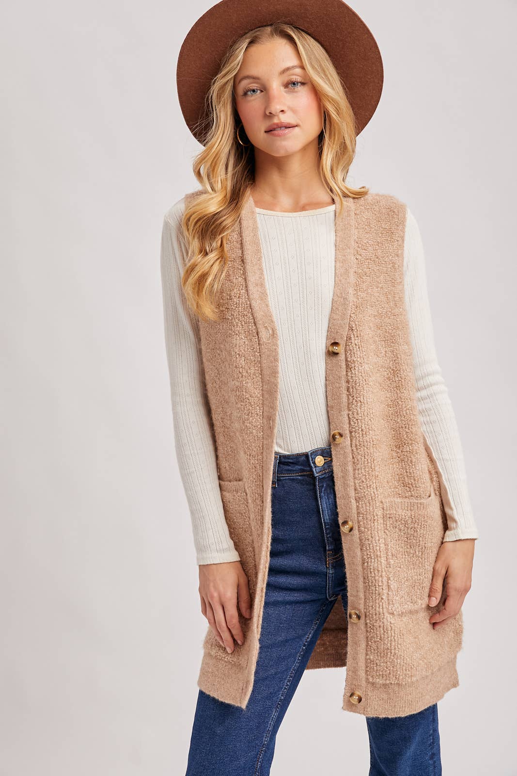 Button Down V-Neck Teddy Knit Vest