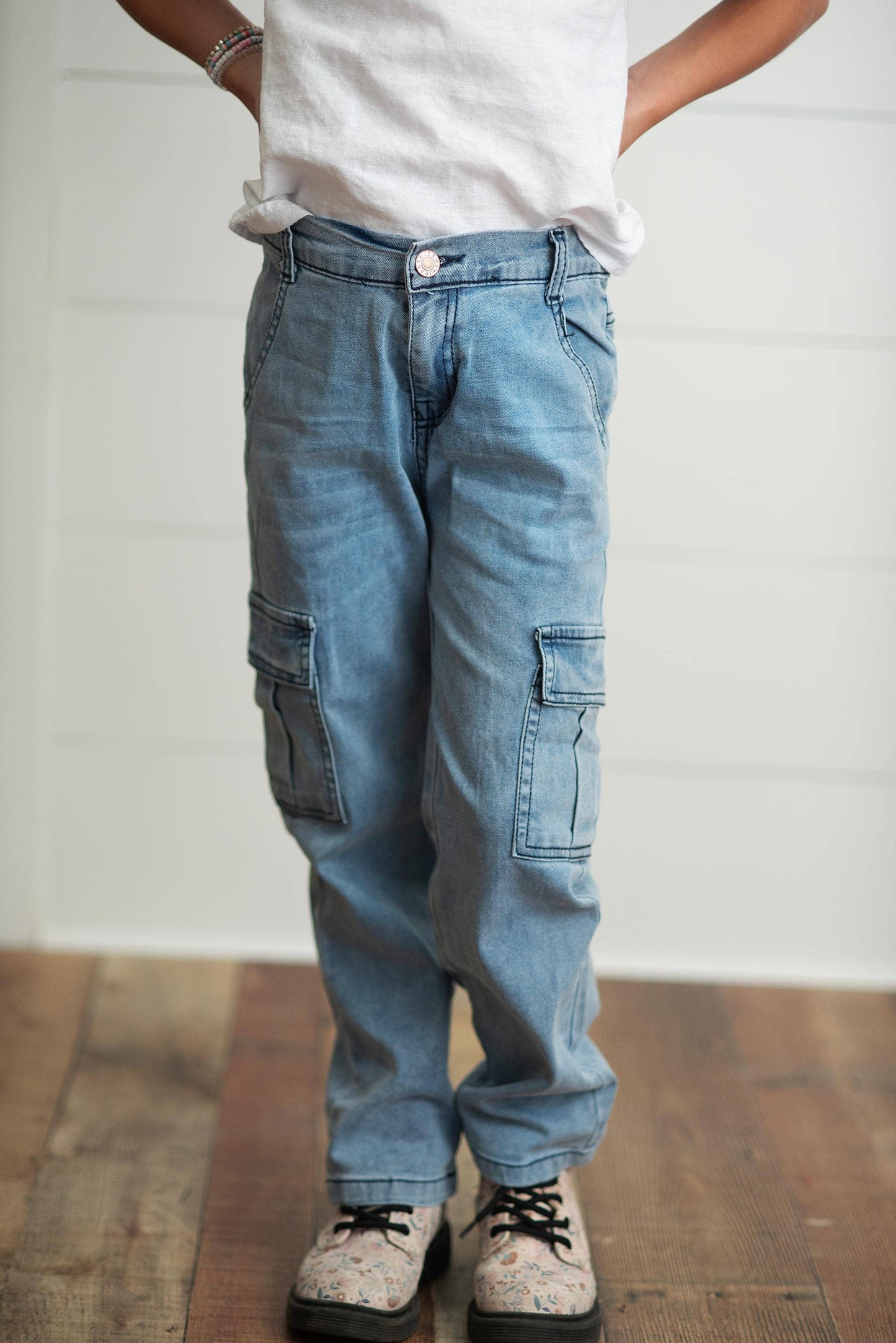 Kids Light Wash Faded Denim Cargo Pant With Pockets