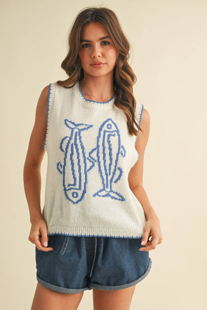 Fish Printed Sleeves Sweater