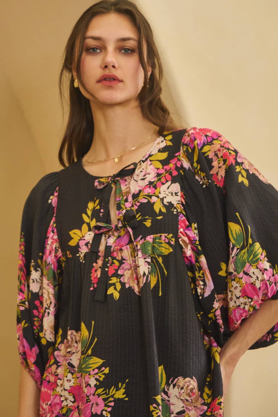 Floral Printed Batwing Sleeve Front Tie Top